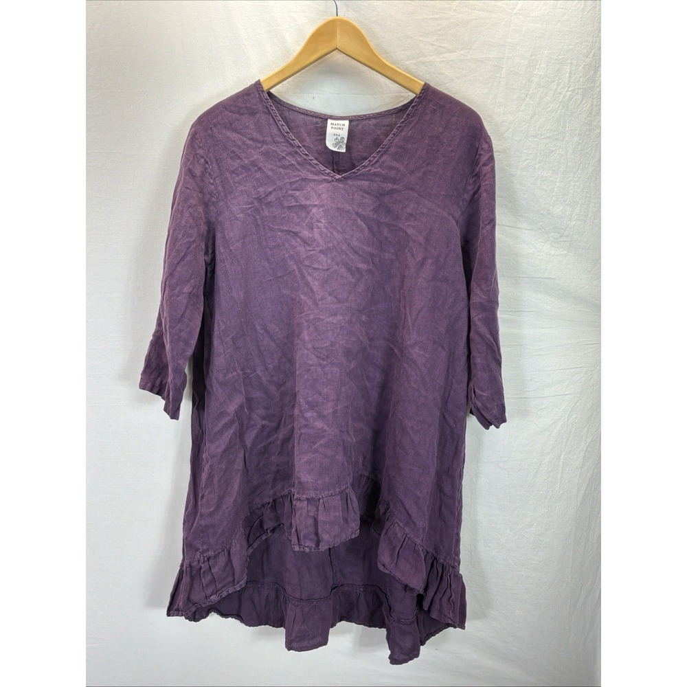 Match Point 100% Linen Tunic Top M purple Ruffle Lagenlook Boho Artsy Made USA